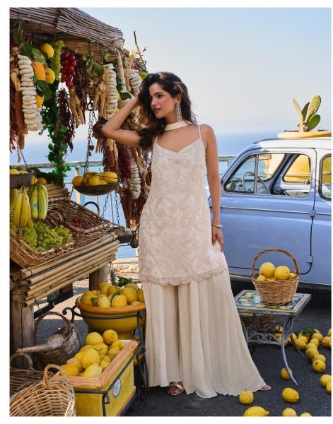 Festive White Real Georgette Spaghetti Top with Palazzo and Dupatta For Wedding Designer Plazzo Salwar Suits Wholesale