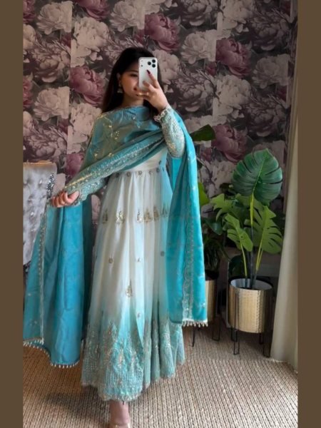 Festive White Star Georgette Embroidered Long Anarkali Gown 