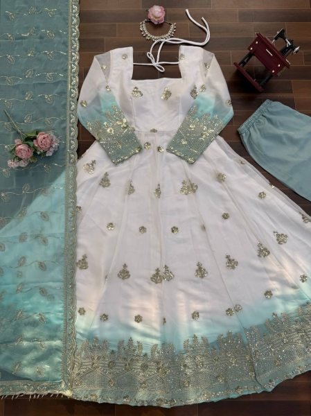 Festive White Star Georgette Embroidered Long Anarkali Gown Ready To Wear Collection
