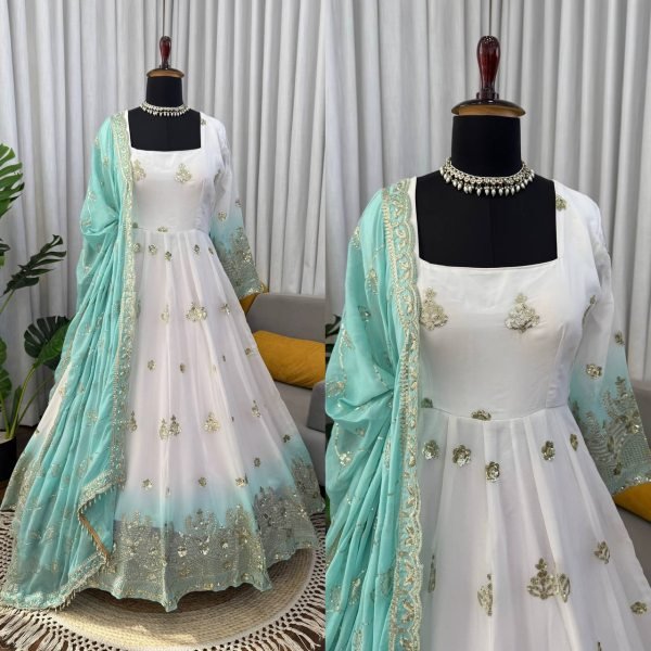Festive White Star Georgette Embroidered Long Anarkali Gown Ready To Wear Collection