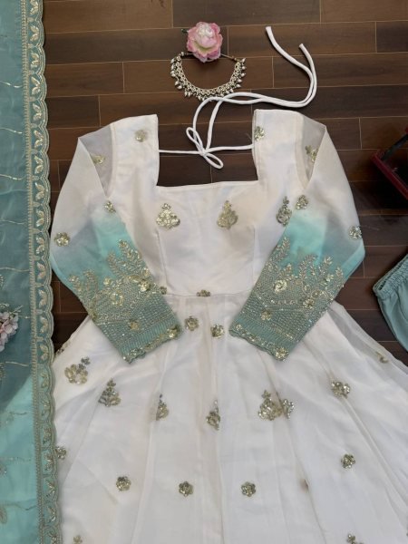 Festive White Star Georgette Embroidered Long Anarkali Gown Ready To Wear Collection