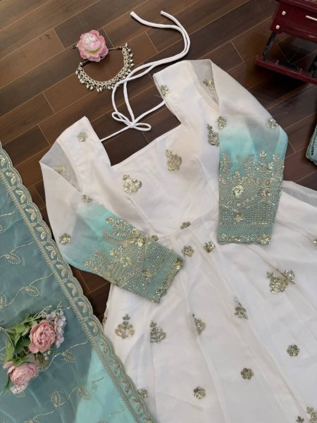 Festive White Star Georgette Embroidered Long Anarkali Gown Ready To Wear Collection