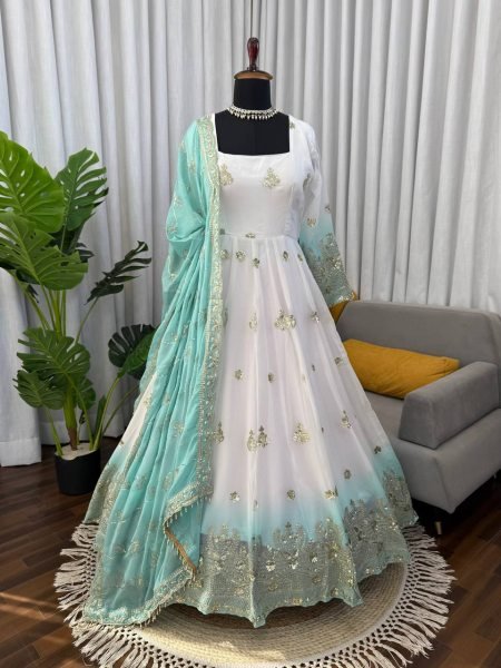 Festive White Star Georgette Embroidered Long Anarkali Gown Ready To Wear Collection
