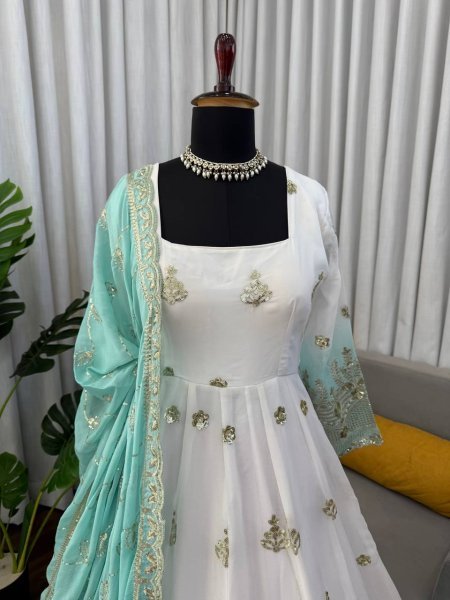 Festive White Star Georgette Embroidered Long Anarkali Gown Ready To Wear Collection