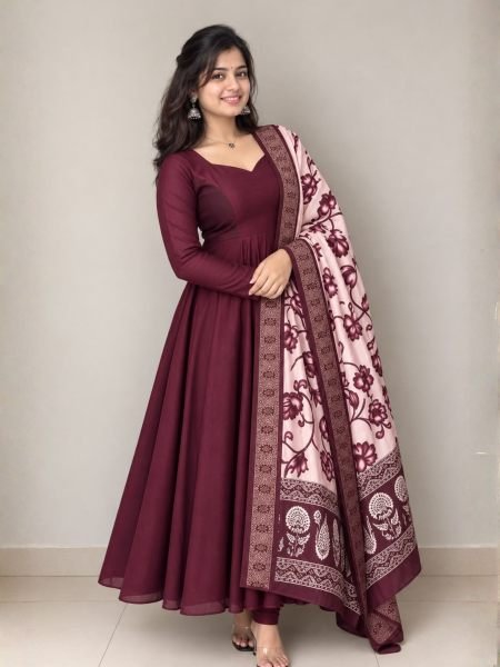 Festive Wine Blooming Vichithra Silk Anarkali with Soft Crepe Lining at Wholesale Rate 