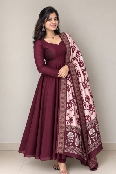 Festive Wine Blooming Vichithra Silk Anarkali with Soft Crepe Lining at Wholesale Rate Anarkali Kurtis 