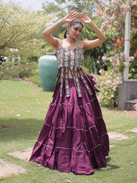 Festive Wine Boutique Kora Cotton Lehenga Set with Kutchi Patchwork Blouse  Lehenga