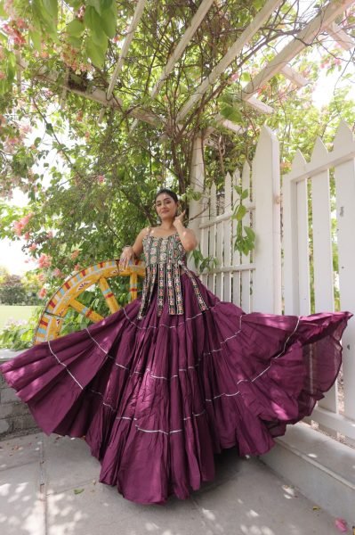 Festive Wine Boutique Kora Cotton Lehenga Set with Kutchi Patchwork Blouse Navratri Lehnega Choli