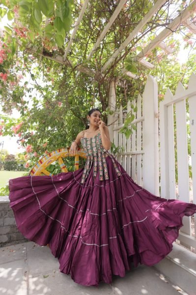 Festive Wine Boutique Kora Cotton Lehenga Set with Kutchi Patchwork Blouse Navratri Lehnega Choli