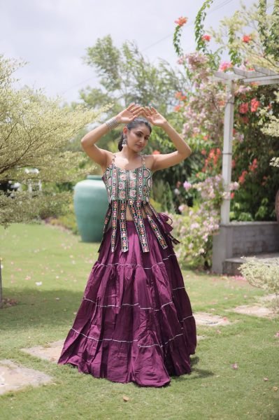 Festive Wine Boutique Kora Cotton Lehenga Set with Kutchi Patchwork Blouse Navratri Lehnega Choli