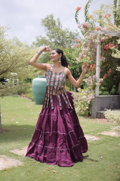 Festive Wine Boutique Kora Cotton Lehenga Set with Kutchi Patchwork Blouse Navratri Lehnega Choli