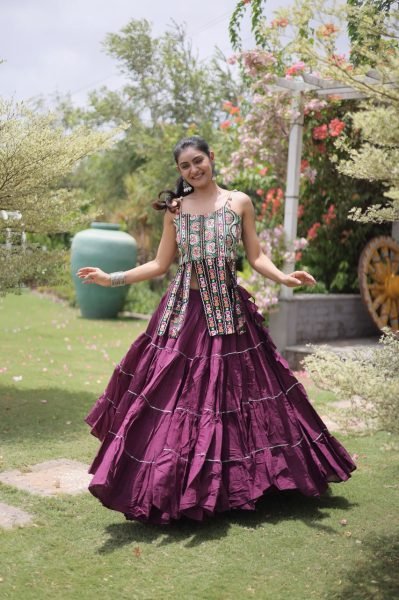 Festive Wine Boutique Kora Cotton Lehenga Set with Kutchi Patchwork Blouse Navratri Lehnega Choli