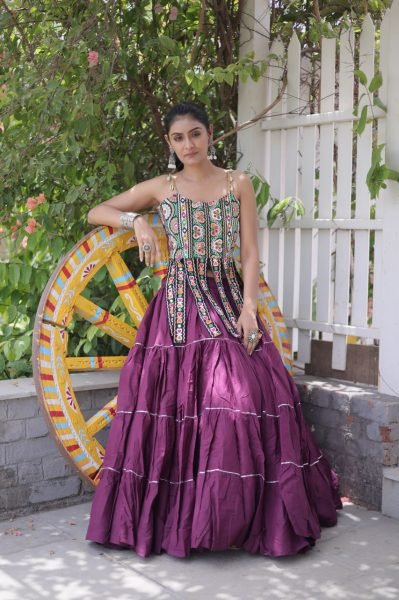 Festive Wine Boutique Kora Cotton Lehenga Set with Kutchi Patchwork Blouse Navratri Lehnega Choli
