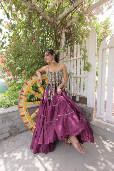 Festive Wine Boutique Kora Cotton Lehenga Set with Kutchi Patchwork Blouse Navratri Lehnega Choli