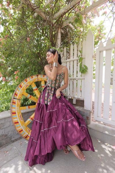 Festive Wine Boutique Kora Cotton Lehenga Set with Kutchi Patchwork Blouse Navratri Lehnega Choli