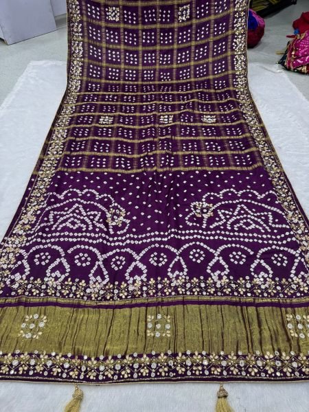 Festive Wine Boutique Quality Gharchola Handwork Saree in Pure Gajji Silk Bandhej Sarees Wholesale