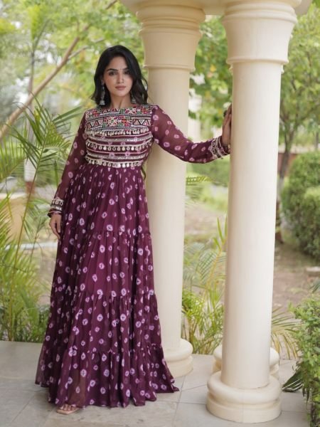 Festive Wine Heavy Flair Faux Georgette Navratri Gown with Bandhani Print 