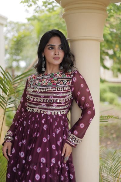 Festive Wine Heavy Flair Faux Georgette Navratri Gown with Bandhani Print Anarkali Kurtis 