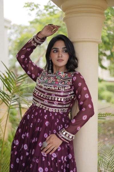 Festive Wine Heavy Flair Faux Georgette Navratri Gown with Bandhani Print Anarkali Kurtis 