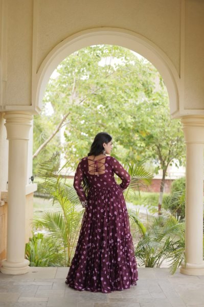 Festive Wine Heavy Flair Faux Georgette Navratri Gown with Bandhani Print Anarkali Kurtis 
