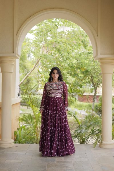 Festive Wine Heavy Flair Faux Georgette Navratri Gown with Bandhani Print Anarkali Kurtis 