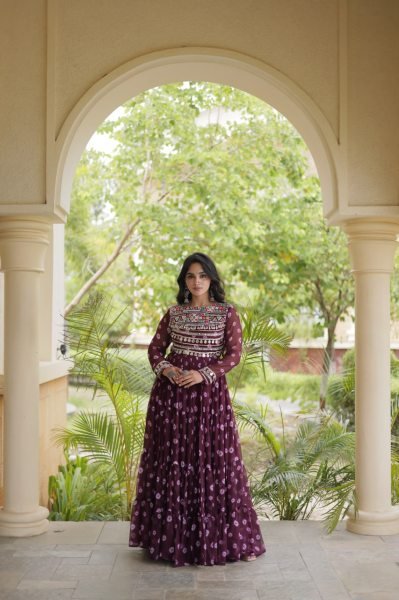 Festive Wine Heavy Flair Faux Georgette Navratri Gown with Bandhani Print Anarkali Kurtis 