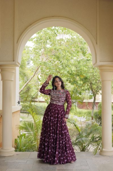 Festive Wine Heavy Flair Faux Georgette Navratri Gown with Bandhani Print Anarkali Kurtis 