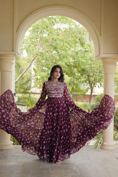 Festive Wine Heavy Flair Faux Georgette Navratri Gown with Bandhani Print Anarkali Kurtis 