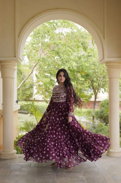 Festive Wine Heavy Flair Faux Georgette Navratri Gown with Bandhani Print Anarkali Kurtis 