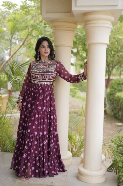 Festive Wine Heavy Flair Faux Georgette Navratri Gown with Bandhani Print Anarkali Kurtis 