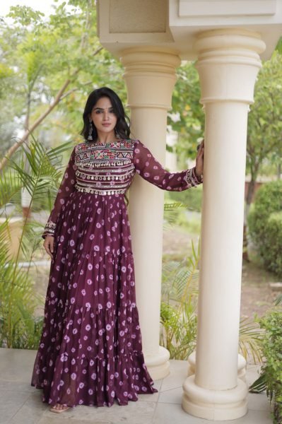 Festive Wine Heavy Flair Faux Georgette Navratri Gown with Bandhani Print Anarkali Kurtis 
