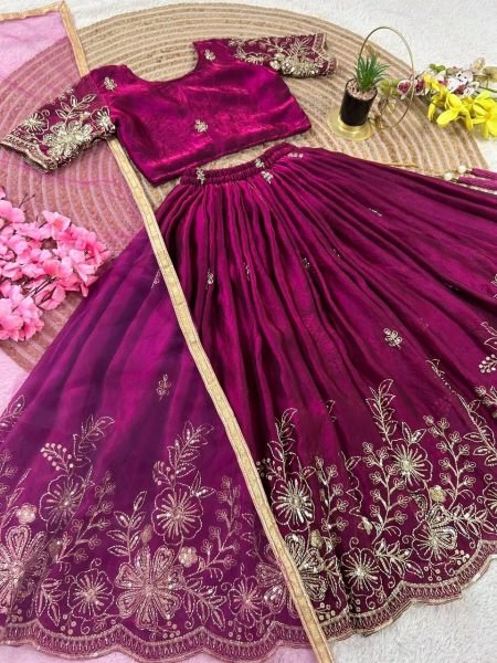 Festive Wine Soft Fendy Silk Lehenga Choli with Cutdana Work and Fancy Latkan Girls Wear