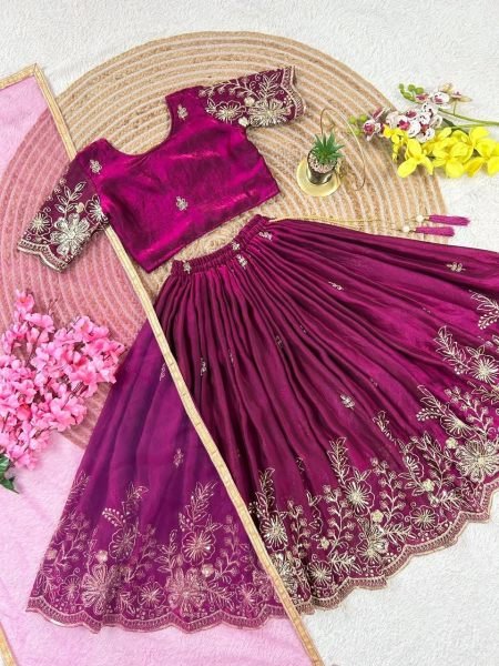Festive Wine Soft Fendy Silk Lehenga Choli with Cutdana Work and Fancy Latkan Girls Wear