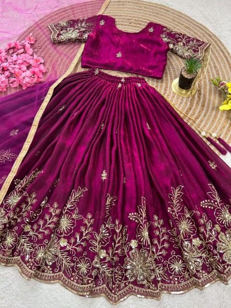 Festive Wine Soft Fendy Silk Lehenga Choli with Cutdana Work and Fancy Latkan Girls Wear