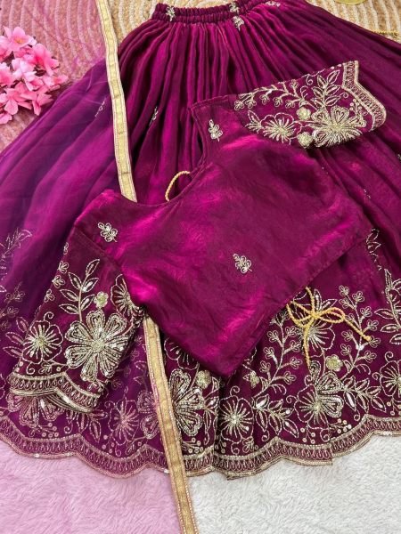 Festive Wine Soft Fendy Silk Lehenga Choli with Cutdana Work and Fancy Latkan Girls Wear