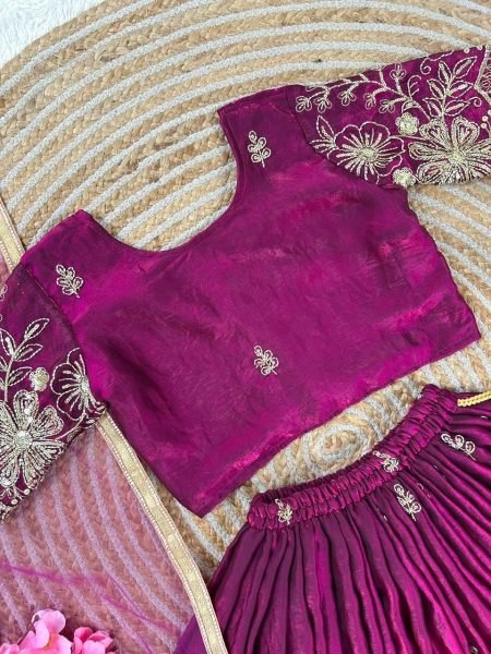 Festive Wine Soft Fendy Silk Lehenga Choli with Cutdana Work and Fancy Latkan Girls Wear