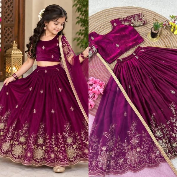 Festive Wine Soft Fendy Silk Lehenga Choli with Cutdana Work and Fancy Latkan Girls Wear