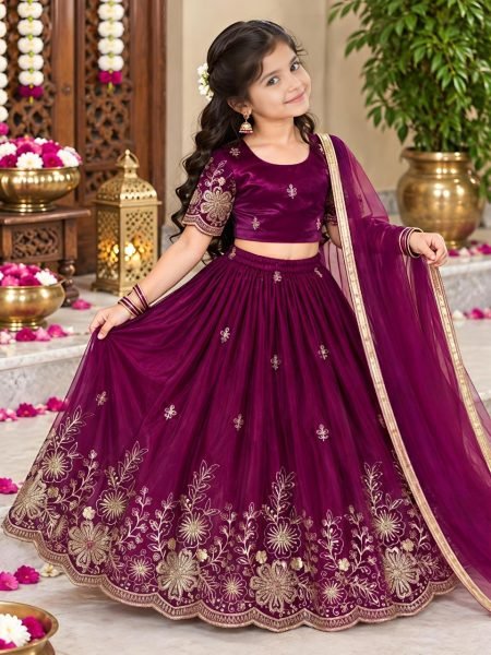 Festive Wine Soft Fendy Silk Lehenga Choli with Cutdana Work and Fancy Latkan Girls Wear
