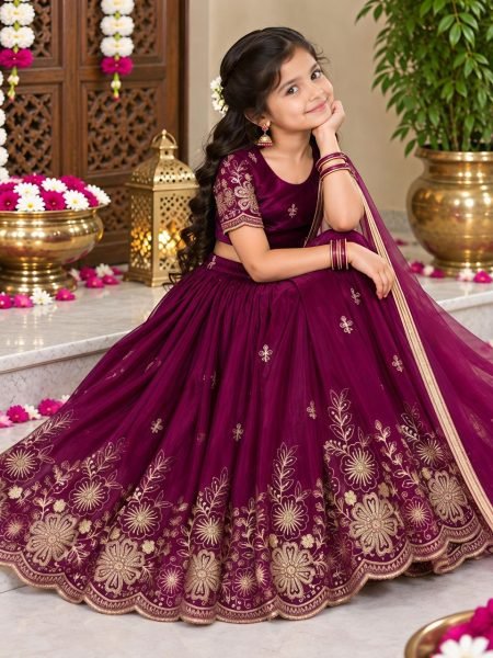 Festive Wine Soft Fendy Silk Lehenga Choli with Cutdana Work and Fancy Latkan Girls Wear