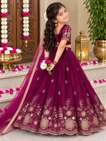 Festive Wine Soft Fendy Silk Lehenga Choli with Cutdana Work and Fancy Latkan Girls Wear