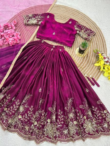 Festive Wine Soft Fendy Silk Lehenga Choli with Cutdana Work and Fancy Latkan Girls Wear