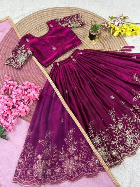 Festive Wine Soft Fendy Silk Lehenga Choli with Cutdana Work and Fancy Latkan Girls Wear