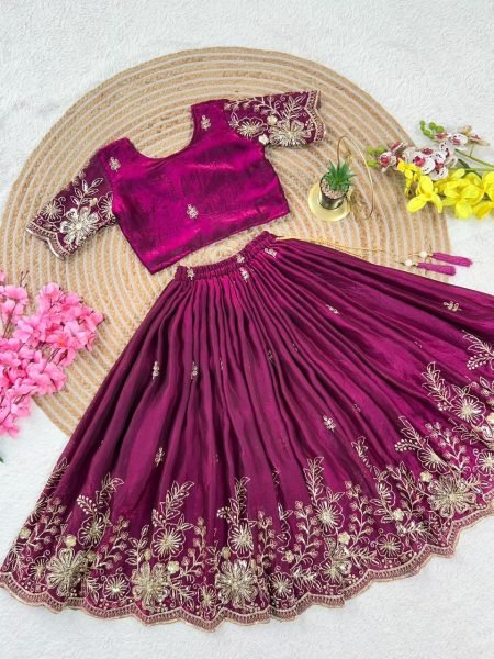 Festive Wine Soft Fendy Silk Lehenga Choli with Cutdana Work and Fancy Latkan Girls Wear
