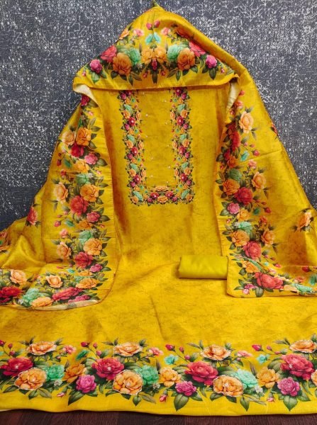 Festive Yellow Assam Silk Digital Print Kurti with Santoon Pant and Dupatta at Factory Price Color Set Matching Dress Material Wholesale