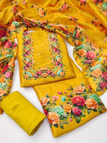Festive Yellow Assam Silk Digital Print Kurti with Santoon Pant and Dupatta at Factory Price Color Set Matching Dress Material Wholesale