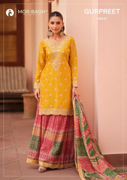 Festive Yellow Chinon Silk Kurti with Multi-Color Printed Sharara and Dupatta Designer Plazzo Salwar Suits Wholesale