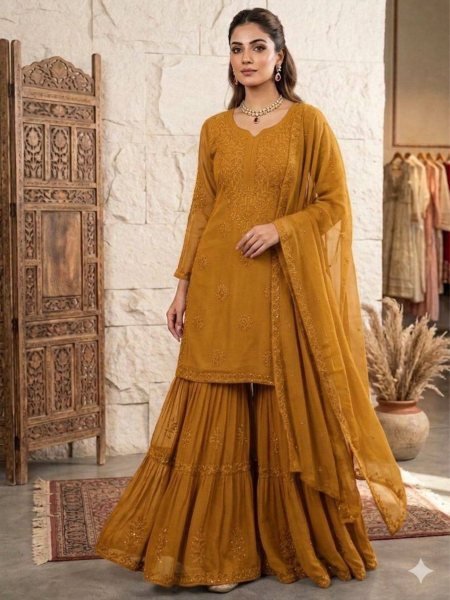 Festive Yellow Georgette Sequins Embroidered Sharara Suit with Designer Dupatta 