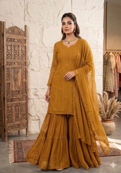Festive Yellow Georgette Sequins Embroidered Sharara Suit with Designer Dupatta Ready To Wear Collection