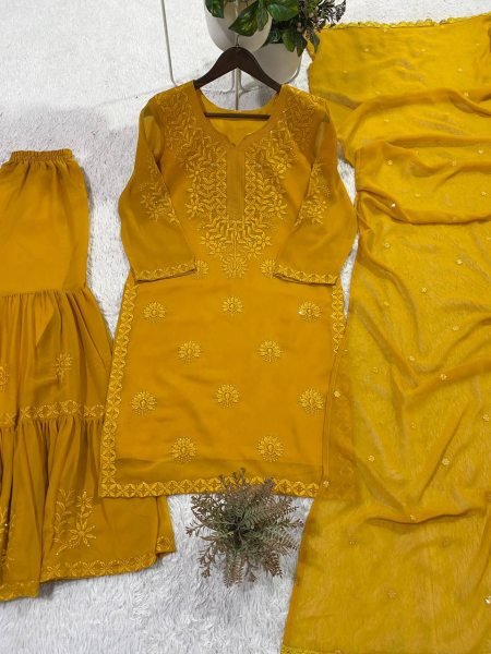 Festive Yellow Georgette Sequins Embroidered Sharara Suit with Designer Dupatta Ready To Wear Collection