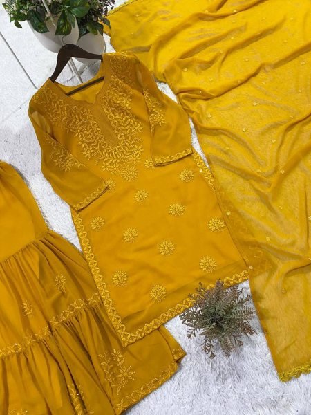 Festive Yellow Georgette Sequins Embroidered Sharara Suit with Designer Dupatta Ready To Wear Collection